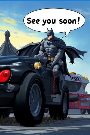 Anime of a batman on batmobile with a big word bubble on top saying text: "See you soon!". serious expression,simple background,by the style of Makoto Shinkai's artworks,detailed,realistic,ek_ph0t0_b00ster,ek_art_b00ster,ek_game_3ffect