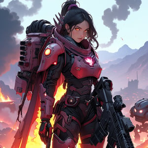 a girl in warhammer 4K style armor suit \(ek_g4k\),holding rifle,ek_game_3ffect,looking at viewer,blurry alien landscape background,smoke,flame,dynamic angle,anime style by makoto shinkai,detailed, ek_ph0t0_b00ster, ek_an1_b00ster,upperbody shot