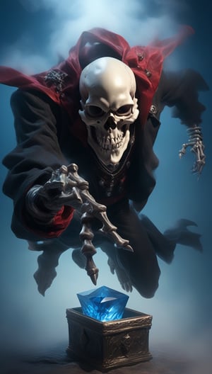 skull monster floating in air,red black color clothes,holding blue crystal box,ultra detail,foggy,sharp focus,high contrast,detailed,studio photo,chairoscuro lighting,rule of thirds,by artgerm and greg rutkowski