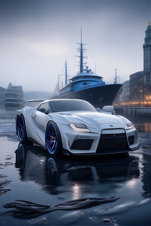 photo of Toyota Supra 2025,White color,shiny spinning wheels,glossy Blue alloy rims with silver edge,bright turned on head lights,(Detailed Realistic harbor city with pcean view backdrop,boat,bird,cloud),dark,depth of perspective, vehicle focus,(wide shot) BREAK sharp focus,high contrast,studio photo,trending on artstation,rule of thirds,perfect composition,(Hyper-detailed,masterpiece, best quality,UHD,HDR,32K,shiny,glossy,reflective, kodachrome 800).,ek_ph0t0_b00ster,ek_an1_b00ster,ek_art_b00ster,ek_game_3ffect