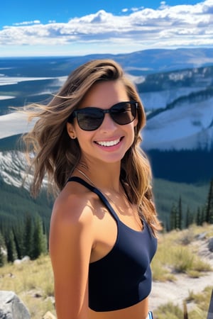 realistic photo of a beautiful American girl standing in mount washburn summit of Yellowstone,20yo,sunglasses,detailed face,model body,looking at viewer,playful smirks,detailed hair blowing,vibrant colors,elegant urban fashion,upper body focus
BREAK
backdrop:detailed photo of washburn mount summit \(wash9urn\) in Yellowstone,trail,grass,mountain,sky,cloud,deer
 BREAK 
rule of thirds,studio photo,detailed,realistic,cinematic lighting,Ye11owst0ne,,wash9urn