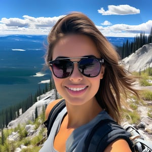 realistic photo of a beautiful American girl standing in mount washburn summit of Yellowstone,20yo,sunglasses,detailed face,model body,looking at viewer,playful smirks,detailed hair blowing,vibrant colors,elegant urban fashion,upper body focus
BREAK
backdrop:detailed photo of washburn mount summit \(wash9urn\) in Yellowstone,trail,grass,mountain,sky,cloud,deer
 BREAK 
rule of thirds,studio photo,detailed,realistic,cinematic lighting,Ye11owst0ne,,wash9urn