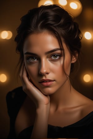 hyper-realistic closeup model portrait,greek woman,backless dress,studio portrait,dramatic,cinematic light,hdr,exquisite face,natural skin,perfectly centered,bokeh,painterly,hyper photorealistic professional photoshoot,round chin no dimple, [gold and black colors], ek_g1rl_02,beauy_ks01,ek_ph0t0_b00ster,ek_art_b00ster,(big word balloon on top saying "hello?":1.3)