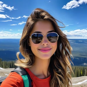 realistic photo of a beautiful American girl standing in mount washburn summit of Yellowstone,20yo,sunglasses,detailed face,model body,looking at viewer,playful smirks,detailed hair blowing,vibrant colors,elegant urban fashion,upper body focus
BREAK
backdrop:detailed photo of washburn mount summit \(wash9urn\) in Yellowstone,trail,grass,mountain,sky,cloud,deer
 BREAK 
rule of thirds,studio photo,detailed,realistic,cinematic lighting,Ye11owst0ne,,wash9urn