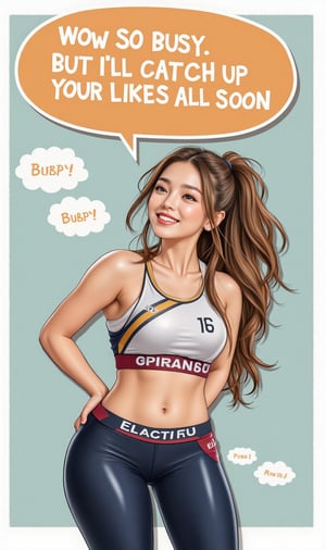 A cute girl smiling, a big word balloon on top saying "Wow so busy. But I'll catch up your likes all soon~", wearing athletic uniform. ek_ph0t0_b00ster,ek_g1rl_02