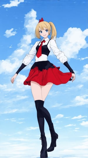 1girl, solo, long hair, breasts, looking at viewer, smile, bangs, blue eyes, skirt, blonde hair, large breasts, simple background, hair ornament, thighhighs, cleavage, bare shoulders, full body, ponytail, pleated skirt, boots, detached sleeves, necktie, hairclip, black thighhighs, strapless, red skirt, white footwear, red necktie, black background, cross-laced footwear, machinery, turret, aircraft, airplane, rigging,ek_ani_b00ster,Watercolor
BREAK
anime style:1.2,(rule of thirds:1.2),perfect composition,trending on artstation,(thick and clear drawing lines:1.1),masterpiece,best quality,sharp focus,high contrast,detailed,vivid colors, ek_ani_b00ster,ek_art_b00ster
