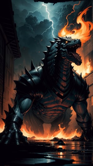 (masterpiece,best quality,ultra-detailed,8K,aesthetic, intricate,realistic,high contrast,sharp focus):1.3,illustration of monster like dinosaur hit by a strong lightening from sky,((rolling around on the floor)),(electrocuted),screaming in pain,flames and fires on buildings and ground,upper body,oil painting,drawing by frank frazetta,color by peter mohrbacher,cinematic lighting