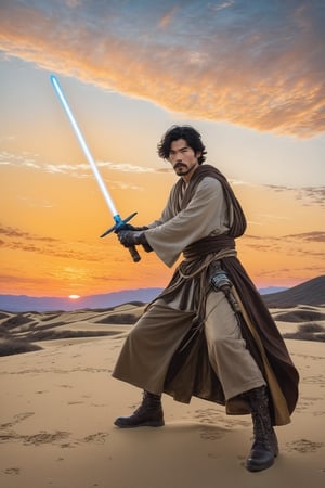 Hyper-Realistic photo of a jedi swinging lightsaber,1boy,solo,black hair,gloves,weapon,male focus, sword,facial hair,parody,beard,science fiction,animification,energy sword,lightsaber,looking at viewer,Lee Jung-Jae \(Sol in Star Wars Acolyte\) lookalike,fullbody:1.3
BREAK
backdrop:jedi aircraft on ground,field,sand,sky,sunset,hill,[cluttered maximalism]
BREAK
settings: (rule of thirds1.3),perfect composition,studio photo,trending on artstation,depth of perspective,(Masterpiece,Best quality,32k,UHD:1.4),(sharp focus,high contrast,HDR,hyper-detailed,intricate details,ultra-realistic,kodachrome 800:1.3),(chiaroscuro lighting:1.3),(by Karol Bak$,Alessandro Pautasso$,Gustav Klimt$ and Hayao Miyazaki$:1.3),art_booster,photo_b00ster, real_booster,w1nter res0rt