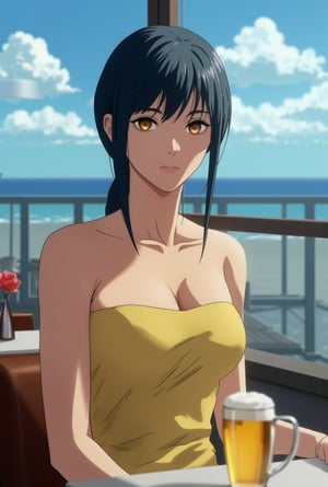 Anime of a beautiful woman in a cafe,Makima  lookalike,exquisite face,soft shiny skin,elegant dress,[Turquoise,Baby Blue,Mustard Yellow snd Gray colors],backdrop of oceanview cafe,window,table,beer mug,bottle,flower,realistic,detailed,sharp focus,high contrast,rule of thirds,chiaroscuro lighting,by the style of makoto shinkai's artworks,,ek_art_b00ster,ek_an1_b00ster,flux_makima