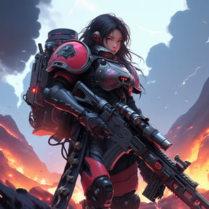 a girl in warhammer 4K style armor suit \(ek_g4k\),holding rifle,ek_game_3ffect,looking at viewer,blurry alien landscape background,smoke,flame,dynamic angle,anime style by makoto shinkai,detailed, ek_ph0t0_b00ster, ek_an1_b00ster,upperbody shot