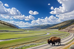 ((Hyper-Realistic)) detailed scene of lamar valley \(lamarva11ey\) in Yellowstone,outdoors,sky,day, cloud,tree,no humans,cloudy sky,grass,nature, beautiful scenery,mountain,winding road,landscape,(close up on american bisons:1.2)
BREAK 
aesthetic,rule of thirds,depth of perspective,perfect composition,studio photo,trending on artstation,cinematic lighting,(Hyper-realistic photography,masterpiece, photorealistic,ultra-detailed,intricate details,16K,sharp focus,high contrast,kodachrome 800,HDR:1.2),photo_b00ster,real_booster,ye11owst0ne,(lamarva11ey:1.2),more detail XL,Ye11owst0ne,grandpr1smat1c