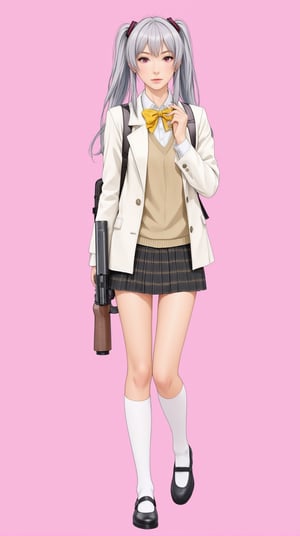 Anime of 1girl, solo, long hair, looking at viewer, bangs, skirt, simple background, shirt, hair ornament, long sleeves, pink background, bow, holding, twintails, closed mouth, school uniform, standing, jacket, full body, weapon, ahoge, grey hair, multicolored hair, pleated skirt, open clothes, shoes, socks, hairclip, bowtie, pink eyes, bag, holding weapon, open jacket, streaked hair, gun, plaid, kneehighs, white jacket, backpack, white socks, holding gun, rifle, yellow bow, sweater vest. (anime style by makoto shinkai:1.3), ek_an1_b00ster,ek_g1rl_02