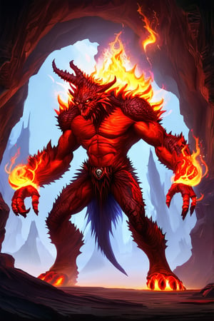 a devil monster stands in dark cave. He uses the magic ring and turns into the ultimate form of a fire magic \(ek_ge1frt\) monster,fire elemental effect,ek_game_3ffect,ek_real_b00ster