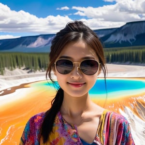 realistic photo of a beautiful Japanese girl standing in Grand Prismatic Spring of Yellowstone,20yo,sunglasses,detailed face,model body,looking at viewer,playful smirks,detailed hair blowing,vibrant colors,elegant urban fashion,upper body focus
BREAK
backdrop:detailed photo of Grand Prismatic Spring \(grandpr1smat1c\) in Yellowstone,1 spring,
 BREAK 
rule of thirds,studio photo,detailed,realistic,cinematic lighting,Ye11owst0ne,grandpr1smat1c