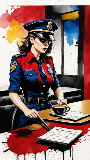 a beautiful 20yo police girl \(LAPD\) in a cafe,table,coffee,detailed exquisite face,LAPD form-fitting uniform,cap,badge,medium breasts,perfect female form,[model body],[red,blue,yellow colors],

Frank Miller's Sin City style,ink art,watercolor,splash, chiaroscuro lighting,ek_art_b00ster,ek_1nk_art,(dark:1.3),score_9,score_8_up,score_7_up