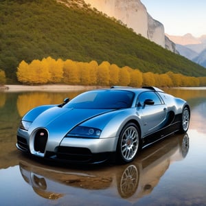 ((Hyper-Realistic)) photo of a Bugatti EB 218 \(1999 Bugatti EB 218 designed by Giorgetto Giugiaro\) parked,(backdrop: beautiful mountain with river,lake,tree, forest,rock and reflection in water),Front view,well-lit,(dark silver body color:1.2),silver and black stylish alloy wheels
BREAK 
aesthetic,rule of thirds,depth of perspective,perfect composition,studio photo,trending on artstation,cinematic lighting,(Hyper-realistic photography,masterpiece, photorealistic,ultra-detailed,intricate details,16K,sharp focus,high contrast,kodachrome 800,HDR:1.2),by Karol Bak,Gustav Klimt and Hayao Miyazaki, real_booster,art_booster,ani_booster,y0sem1te,H effect,yv1sta3