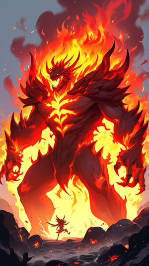 a fire monster \(ek_ge1frt\),roaring,open mouth,ek_game_3ffect,dynamic pose,simple background,blurry cave background,lava flowing,smoke,dynamic angle,anime style by ghibli,detailed,ek_ph0t0_b00ster,ek_an1_b00ster