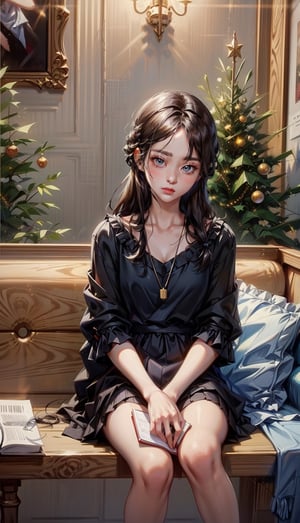 beautiful girl using (notebook computer),sitting in cafe with X-mas tree and decoration,small face,(blue) outfit,oil painting,by jenny saville and nicolas uribe,1 girl,koh_yunjung,seolhyun