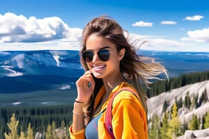 realistic photo of a beautiful American girl standing in mount washburn summit of Yellowstone,20yo,sunglasses,detailed face,model body,looking at viewer,playful smirks,detailed hair blowing,vibrant colors,elegant urban fashion,upper body focus
BREAK
backdrop:detailed photo of washburn mount summit \(wash9urn\) in Yellowstone,trail,grass,mountain,sky,cloud,deer
 BREAK 
rule of thirds,studio photo,detailed,realistic,cinematic lighting,Ye11owst0ne,,wash9urn