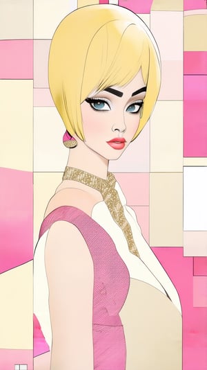 A sophisticated fashion model girl,short blonde hair,dynamic character,20yo,detailed exquisite face,parody,looking at viewer, Zendaya lookalike,patchwork art,pink and cream colors,ek_ptch_art,ek_ani_b00ster