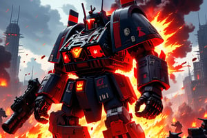 a Warhammer 40k IMPERIUM Skorpek Destroyer \(ek_ct4k\) standing in a battle field,black and red colored armor,ek_game_3ffect,blurry city background,explosion,fire,flame,dynamic angle,anime style by Makoto Shinkai,ek_ph0t0_b00ster, ek_an1_b00ster,upper body shot