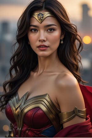 Depict a powerful close-up of Wonder Woman, her fierce yet compassionate expression framed by her iconic golden tiara. Her piercing blue eyes shine with determination, while her perfectly sculpted features exude strength and grace. The metallic sheen of her golden armor catches the light, highlighting the intricate detailing on her breastplate and the bold red and blue colors of her outfit. Her flowing dark hair billows slightly in the wind, adding to the sense of motion and energy. Behind her, a backdrop of stormy skies and distant battle scenes hints at the intensity of the moment, yet her unwavering gaze conveys a sense of hope and unshakable resolve.
BREAK
detailed exquisite face,soft shiny skin,realistic,detailed,sharp focus,high contrast,rule of thirds,depth of perspective,award-winning photo,chiaroscuro lighting,ek_g1rl_02