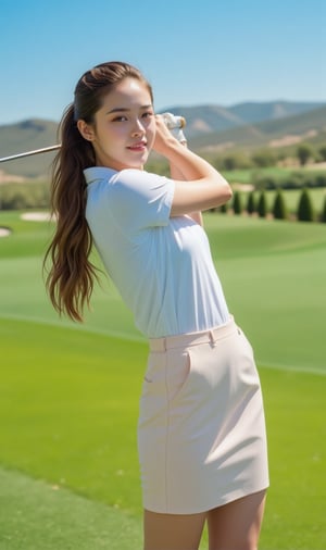 A beautiful young woman stands on the lush green of a golf course, poised for a powerful swing. Dressed in a sleek, tailored golf outfit— a white polo shirt tucked into a fitted pastel skirt—she radiates elegance and athleticism. Her long hair is pulled back into a neat ponytail, flowing gently in the breeze. As she swings the club with perfect form, the sunlight glints off her confident smile and focused expression. Behind her, the serene landscape of the course stretches out, with rolling hills and clear blue skies framing the scene. wearing athletic uniform. ek_ph0t0_b00ster,beauy_ks01