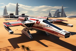 A realistic photo of starship x-wing starfighter in Star Wars universe,red striped body,parked on ground with ((stands)) on desert,wings folded,laser cannons at each wing tip,engines located at wing root,
backdrop:desert,sand,palm tree,,sky,cloud,cityscrapes,front left view,R2 D2 walking around next to the ship,
ek_starsh1p,ek_xw1ng,ek_xwf1,realistic,detailed,sleek shiny aircraft