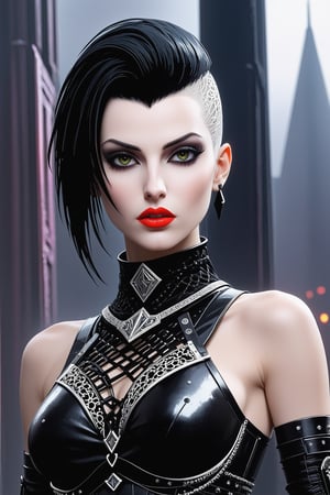 best quality, masterpiece, beautiful and aesthetic, 16K, ( (vibrant color:1.4), (Bright and intense:1.2), black goth girl assassin, (facing the camera:1.2), medium breast, (filigree armor:1.1) nipples sexy erotic lingerie, cyberpunk, bladerunner, Sauron, pouty lips, highly detailed,, foggy, realistic, 8k, unreal engine, cinematic, , femme fatale, cinematic lighting, Black background, Studio lighting, professional photography,photo_b00ster,real_booster,ani_booster,art_booster