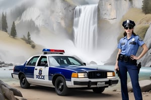 Hyper-Realistic photo of a beautiful LAPD police officer,20yo,1girl,solo,LAPD police uniform,cap,detailed exquisite face,soft shiny skin,smile,sunglasses,looking at viewer,Kristen Stewart lookalike,cap,fullbody:1.3
BREAK
backdrop:art1stp0int,waterfall,tree,rock,forest, mountain,landscape,scenery,nature,water,day,police car,(girl focus),[cluttered maximalism]
BREAK
settings: (rule of thirds1.3),perfect composition,studio photo,trending on artstation,depth of perspective,(Masterpiece,Best quality,32k,UHD:1.4),(sharp focus,high contrast,HDR,hyper-detailed,intricate details,ultra-realistic,kodachrome 800:1.3),(cinematic lighting:1.3),(by Karol Bak$,Alessandro Pautasso$,Gustav Klimt$ and Hayao Miyazaki$:1.3),art_booster,photo_b00ster, real_booster,Ye11owst0ne,grandpr1smat1c