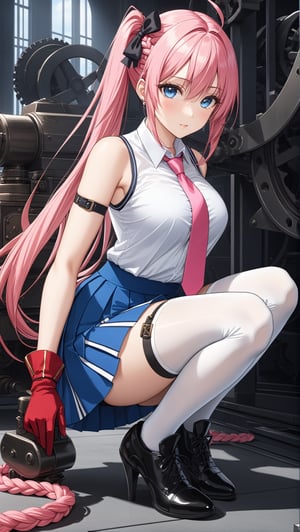 Hyper-Detailed Anime of Atlanta \(Azur Lane\),1girl, solo, long hair, breasts, looking at viewer, blush, bangs, blue eyes, skirt, shirt, thighhighs, gloves, ribbon, cleavage, bare shoulders, underwear, panties, full body, hair ribbon, white shirt, pink hair, braid, ahoge, pleated skirt, small breasts, detached sleeves, necktie, shoes, indoors, fingerless gloves, black footwear, white thighhighs, blue skirt, sleeveless shirt, black ribbon, thigh strap, squatting, red necktie, single thighhigh, french braid, red gloves, machinery, asymmetrical legwear, turret, anchor, uneven legwear, rigging, pink gloves, pink necktie, rudder footwear,simple background,cluttered maximalism
BREAK
(rule of thirds:1.3),(thick drawing lines:1.3),perfect composition,studio photo,trending on artstation,(Masterpiece,Best quality,32k,UHD,sharp focus,high contrast,HDR,hyper-detailed,intricate details,ultra-clear:1.3),(cinematic lighting),ani_booster