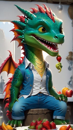 Cartoon: a very cute and young dragon boy,eating crereal and fruits for breakfast,white shirt and jeans,kitchen backdrop,chiaroscuro lighting,rule of thirds,depth of perspective,trending on artstation,(hyper-realistic,Ultra-detailed,sharp focus,high contrast,HDR,masaterpiece,RAW photo),(fullbody:1.3),dragon_h,art_booster, real_booster,H effect,niji5,more detail XL,gbaywing