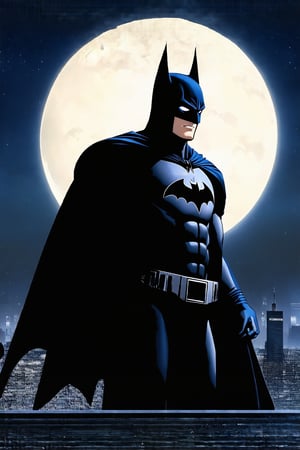 Batman standing on a rooftop at night, iconic black suit and cape, bat symbol on chest, Gotham City skyline in the background, serious expression, full moon in the sky, dark and moody atmosphere.
BREAK
settings:(rule of thirds:1.3),perfect composition,depth of perspective,(masterpiece,best quality,detailed,realistic), chiaroscuro lighting, ek_real_b00ster,ek_art_b00ster,ek_ani_b00ster