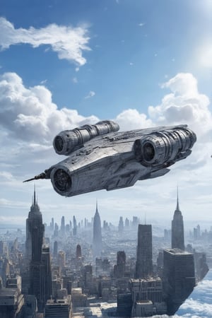 A starship razor crest \(star wars\) flying over a city,sky,cloud,futuristic city skyscrapers,cannons on head side,canopy on head top,jet engine on wing tip,top mounted wingsblunt head,door on left side,realistic,detailed,sharp focus,high contrast, ek_raz0r_cre5t,ek_rcfr0nt_left