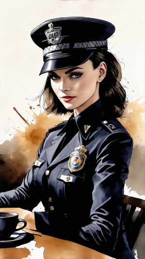 a beautiful 20yo police girl \(LAPD\) in a cafe,table,coffee,detailed exquisite face,LAPD uniform,cap,badge,[model body],

Frank Miller's Sin City style,ink art,watercolor,splash, chiaroscuro lighting,ek_art_b00ster,ek_1nk_art, score_9,score_8_up,score_7_up