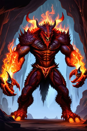 a devil monster stands in dark cave. He uses the magic ring and turns into the ultimate form of a fire magic \(ek_ge1frt\) monster,fire elemental effect,ek_game_3ffect,ek_real_b00ster