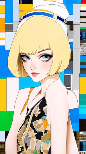 A sophisticated fashion model girl,short blonde hair,dynamic character,20yo,detailed exquisite face,parody,looking at viewer,patchwork art,ek_ptch_art,ek_ani_b00ster