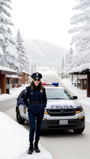 Hyper-Realistic photo of a beautiful LAPD police officer in a winter resort,20yo,1girl,solo,LAPD police uniform,cap,detailed exquisite face,soft shiny skin,smile,looking at viewer,Kristen Stewart lookalike,cap,sunglasses,fullbody:1.3
BREAK
backdrop:winter resort center,snow,road,police car,tree,girl focus,[cluttered maximalism]
BREAK
settings: (rule of thirds1.3),perfect composition,studio photo,trending on artstation,depth of perspective,(Masterpiece,Best quality,32k,UHD:1.4),(sharp focus,high contrast,HDR,hyper-detailed,intricate details,ultra-realistic,kodachrome 800:1.3),(cinematic lighting:1.3),(by Karol Bak$,Alessandro Pautasso$,Gustav Klimt$ and Hayao Miyazaki$:1.3),art_booster,photo_b00ster, real_booster,w1nter res0rt