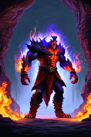 An evil man stands in a ((dark)) cave. He uses magic spell and turns into the fire monster \(ek_ge1frt\),
,fire elemental effect, ek_game_3ffect,realistic,