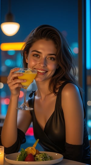 a beautiful girl,exquisite face,soft shiny skin,smile,wearing urban high fashion style,in a skyview cafe at night,cocktail,dessert,city scrapes,chiaroscuro lighting,[cobalt blue and yellow colors],round chin no dimple,beauy_ks01,ek_ph0t0_b00ster