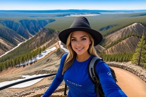 Highly detailed beautiful 1girl taking selfie at the vista point of mount washburn summit in Yellowstone,20yo,(wearing witchhat:1.3),(looking at viewer),clear facial features,model body,detailed hair,elegant jacket,vibrant colors,perfect body proportions,(close up:1.5)
BREAK
[mount washburn summit,wash9urn,outdoors,vista point,blue sky,day,rock,horizon,green mountain,landscape,trail,tree,handrail],(girl focus:1.5)
BREAK 
rule of thirds,studio photo,perfect composition,(masterpiece,sharp focus,high contrast,HDR, trending on artstation,8K,Hyper-detailed,intricate details,hyper realistic:1.3),cinematic lighting,by Karol Bak, Alessandro Pautasso and Hayao Miyazaki, art_booster,real_booster,photo_b00ster,ani_booster,Ye11owst0ne,InkyCapWitchyHat,Decora_SWstyle