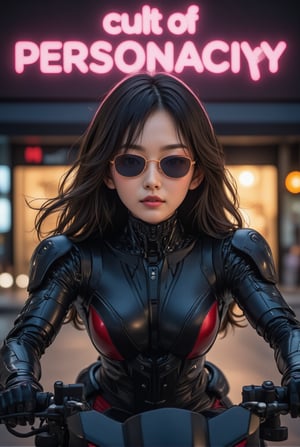 a cyborg girl in mecha armor. Black and red colored armor. neon light lines glowing, exquisite face, soft shiny skin, longhair blowing, sunglasses. riding a motor cycle, kawasaki ninja h2 carbon at high speed,city street backdrop,puddles,focused expression,dark,(((Big neon light saying "cult of Personality" in the background)))
BREAK
realistic,detailed,sharp focus,high contrast,rule of thirds,depth of perspective,award-winning photo,chiaroscuro lighting,ek_g1rl_02,ink style