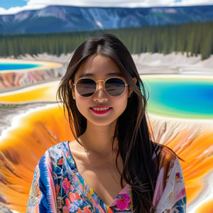 realistic photo of a beautiful Japanese girl standing in Grand Prismatic Spring of Yellowstone,20yo,sunglasses,detailed face,model body,looking at viewer,playful smirks,detailed hair blowing,vibrant colors,elegant urban fashion,upper body focus
BREAK
backdrop:detailed photo of Grand Prismatic Spring \(grandpr1smat1c\) in Yellowstone,1 spring,
 BREAK 
rule of thirds,studio photo,detailed,realistic,cinematic lighting,Ye11owst0ne,grandpr1smat1c