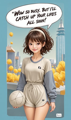 A cute girl smiling, a big word balloon on top saying "Wow so busy. But I'll catch up your likes all soon~", wearing athletic uniform. ek_ph0t0_b00ster,ek_g1rl_02