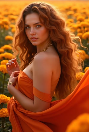 A stunning young woman in her early twenties, embodying the essence of orange hues. Her fiery auburn hair cascades in soft waves around her shoulders, catching the light with warm, golden highlights. Her amber eyes glow like molten sunset, filled with curiosity and spirit. She wears a flowing, silky dress in shades of burnt orange and coral, the fabric glistening like autumn leaves in the sun.

Golden jewelry with small citrine gemstones adorns her wrists and neck, reflecting the warm tones of her attire. She stands in a field of marigolds, the wind gently lifting her dress, her expression joyful and confident, as if she’s a living embodiment of a warm, vibrant sunset.    realistic,detailed,sharp focus,high contrast,trending on artstation,rule of thirds,depth of perspective,chiaroscuro lighting.ek_ph0t0_b00ster,