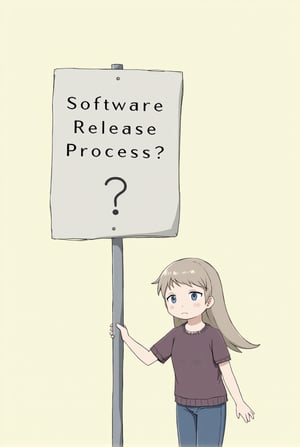 Anime of a cute girl holding a big post sign with text: "Software Release Process?". looking sad,simple background,by the style of Makoto Shinkai's artworks,ek_ph0t0_b00ster,ek_an1_b00ster