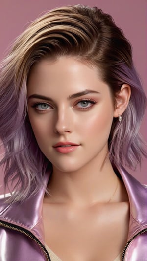 ((Hyper-realistic)) half body portrait of a beautiful woman,alluring neighbor's wife,23yo,(Kristen Stewart),body model portrait,clear facial features,perfect body,perfect in every way,detailed face,detailed soft shiny skin,detailed hair,playful smirks,seductive eyes,elegant jacket on (turtleneck) shirt,detailed reflective textures of clothes,(Lilac, Beige, Maltese Terracotta, Flamingo Pink color),rule of thirds,chiaroscuro lighting,soft rim lighting,key light reflecting in the eyes,bokeh backdrop,by Antonio López and David Parrish,real_booster