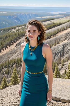 Hyper-Realistic photo of a girl,20yo,1girl,Kristen Stewart,perfect female form,perfect body proportion,perfect anatomy,[Turquoise,Baby Blue,Mustard Yellow,Gray color],elegant dress,detailed exquisite face,soft shiny skin,smile,mesmerizing, disheveled hair,small earrings,necklaces,cluttered maximalism
BREAK
(backdrop of Mount Washburn Summit \(wash9urn\) in Yellowstone,summit at eye level,outdoors,blue sky,day,rock,horizon,green mountain,landscape,trail,tree),(distant view),(girl focus:1.2)
BREAK
(rule of thirds:1.3),perfect composition,studio photo,trending on artstation,(Masterpiece,Best quality,32k,UHD:1.4),(sharp focus,high contrast,HDR,hyper-detailed,intricate details,ultra-realistic,award-winning photo,ultra-clear,kodachrome 800:1.25),(infinite depth of perspective:2),(chiaroscuro lighting,soft rim lighting:1.15),by Karol Bak,Antonio Lopez,Gustav Klimt and Hayao Miyazaki,photo_b00ster,real_booster,art_booster,Ye11owst0ne