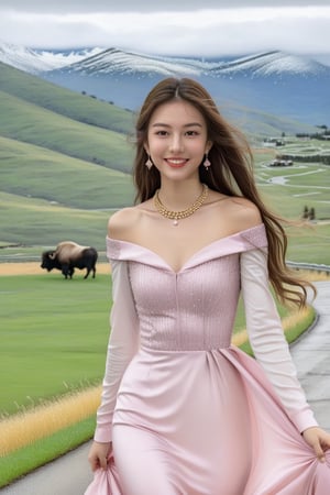 Hyper-Realistic photo of a girl,20yo,1girl,perfect female form,perfect body proportion,perfect anatomy,[pink and ivory color],elegant dress,detailed exquisite face,soft shiny skin,smile,mesmerizing,detailed shiny long hair blowing,small earrings,necklaces,Chanel bag,cluttered maximalism
BREAK
[backdrop of lamarva11ey,outdoors,sky,day, cloud,tree,cloudy sky,grass,nature,beautiful scenery,mountain,winding road,landscape,american bisons],(girl focus:1.2)
BREAK
(rule of thirds:1.3),perfect composition,studio photo,trending on artstation,(Masterpiece,Best quality,32k,UHD:1.4),(sharp focus,high contrast,HDR,hyper-detailed,intricate details,ultra-realistic,award-winning photo,ultra-clear,kodachrome 800:1.25),(infinite depth of perspective:2),(chiaroscuro lighting,soft rim lighting:1.15),by Karol Bak,Antonio Lopez,Gustav Klimt and Hayao Miyazaki,photo_b00ster,real_booster,art_booster,Ye11owst0ne,koh_yunjung,ink 