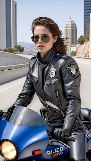 Hyper-Realistic photo of a beautiful LAPD police officer riding a police highway patrol motorcycle,20yo,1girl,solo,detailed exquisite face,soft shiny skin,lips,smile,looking at viewer,Kristen Stewart lookalike,LAPD police highway patrol uniform,helmet,sunglasses,fullbody:1.3 
BREAK backdrop:highway,bridge,city view,sky,[cluttered maximalism]
BREAK
settings: (rule of thirds1.3),perfect composition,studio photo,trending on artstation,depth of perspective,(Masterpiece,Best quality,32k,UHD:1.4),(sharp focus,high contrast,HDR,hyper-detailed,intricate details,ultra-realistic,kodachrome 800:1.3),(cinematic lighting:1.3),(by Karol Bak$,Alessandro Pautasso$,Gustav Klimt$ and Hayao Miyazaki$:1.3),art_booster,photo_b00ster, real_booster